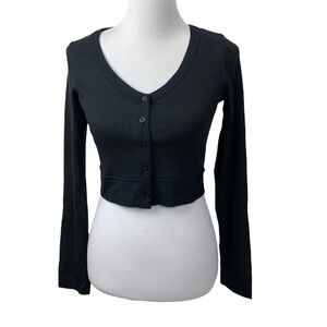 Cropped Ribbed Bolero Cardigan Ling Sleeve Casall Button Down Black